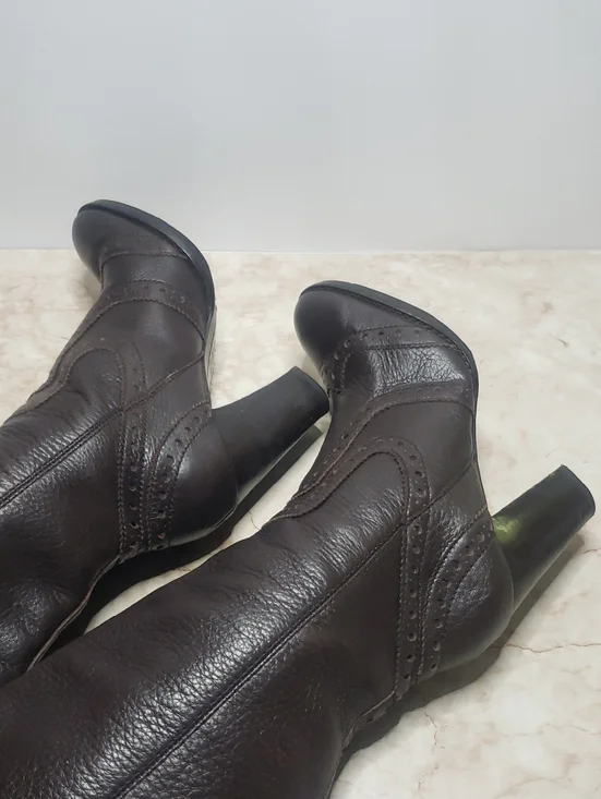 Michael Kors Dark Brown Leather Knee-High Heeled Pull On  Boots Size 6.5 - Picture 4 of 8